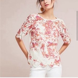 Anthropologie Porridge Arber Floral Cream Red Eyelet Top - size small